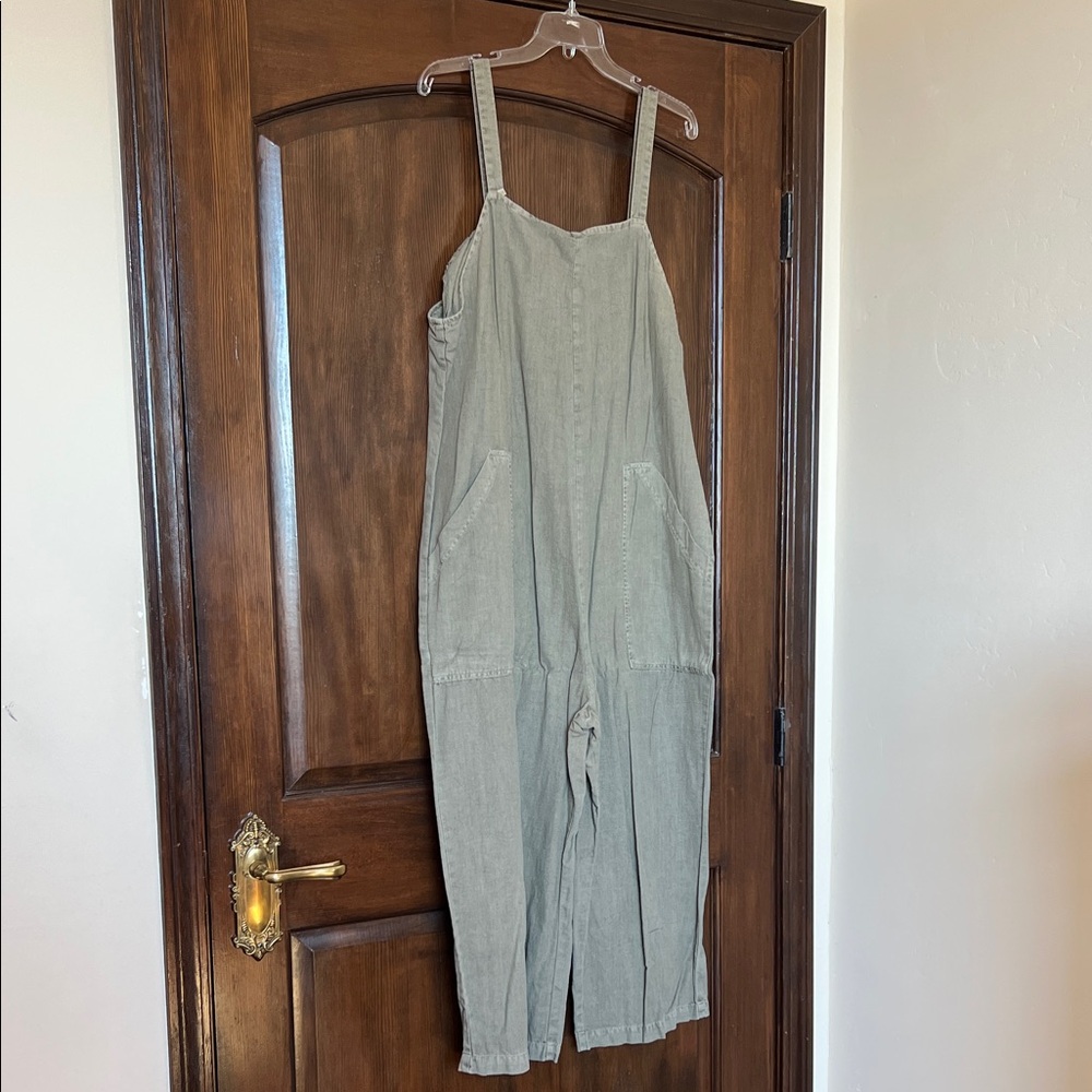 Khaki Olive Green Linen Overalls
